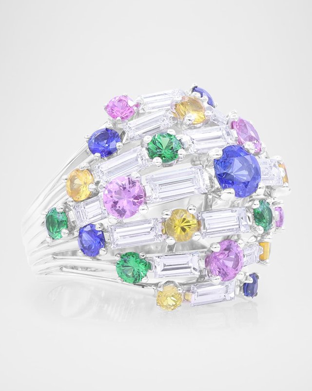 Platinum Diamond, Multicolored Sapphire and Green Tsavorite Statement Ring, Size 6.5